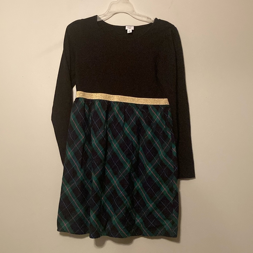 Crown & Ivy kids black w/green navy plaid and gold across the middle dress sz XL